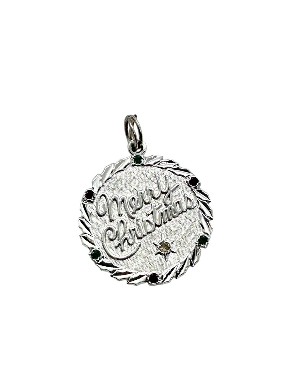 Vintage Merry Christmas Silver Tone Holiday Charm Pendant Green Red Accent Gems